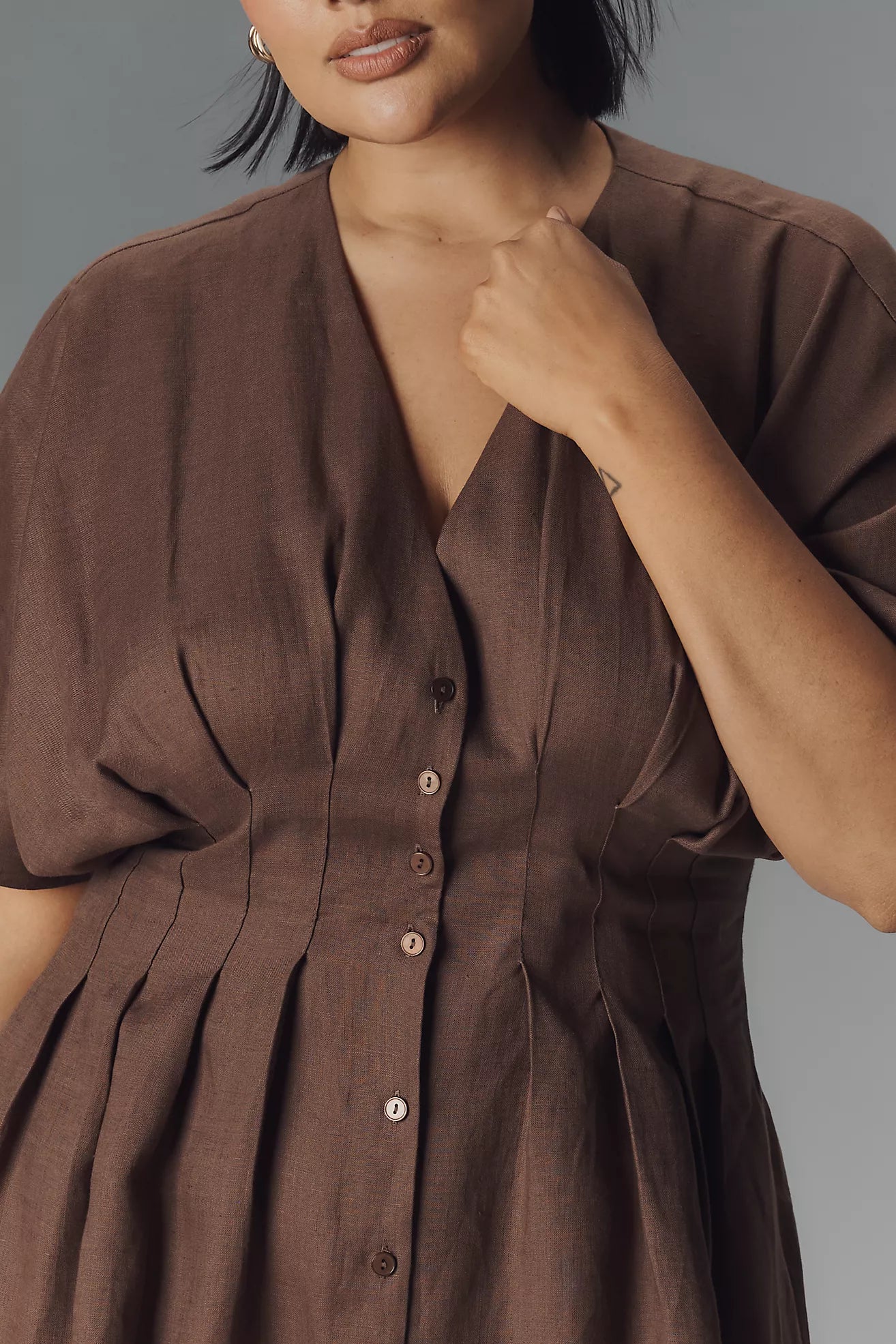 The Tobie Button-Front Pleated Shirt Dress by Exquise: Linen Mini Edition