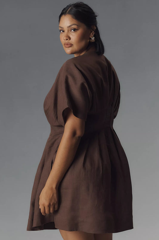 The Tobie Button-Front Pleated Shirt Dress by Exquise: Linen Mini Edition