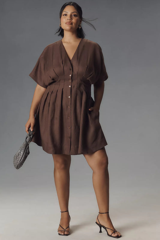 The Tobie Button-Front Pleated Shirt Dress by Exquise: Linen Mini Edition
