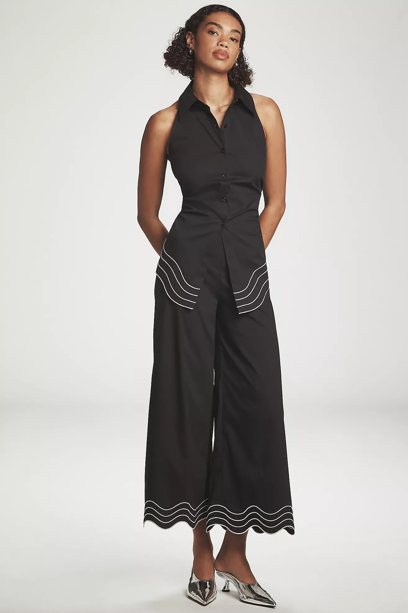 SIMONMILLER Wavy Sleeveless Back-Cutout Blouse