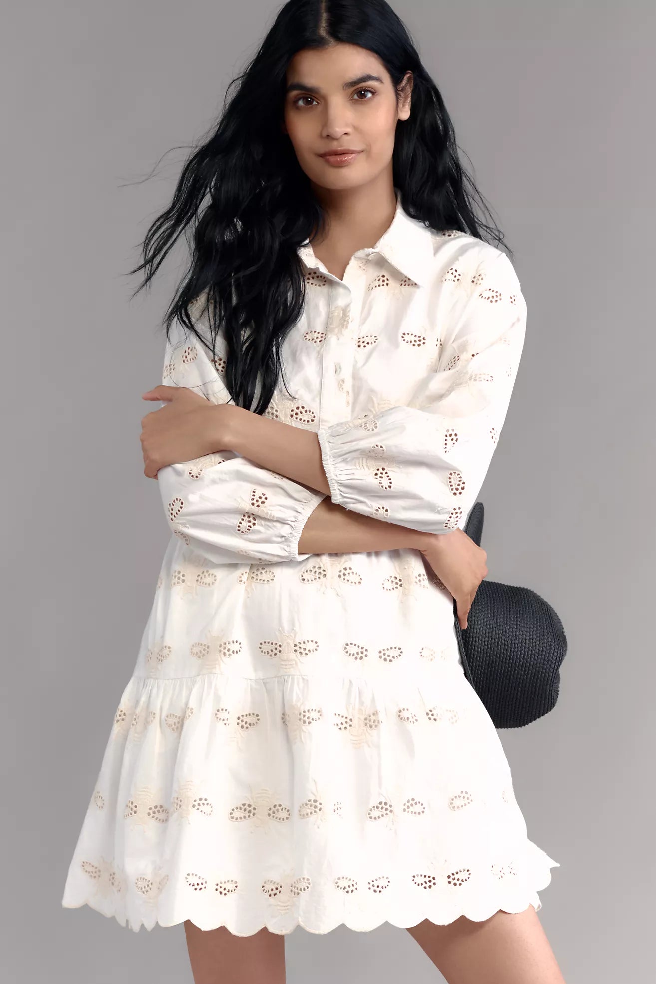 The Bettina Tiered Mini Shirt Dress: Embroidered Bee Edition