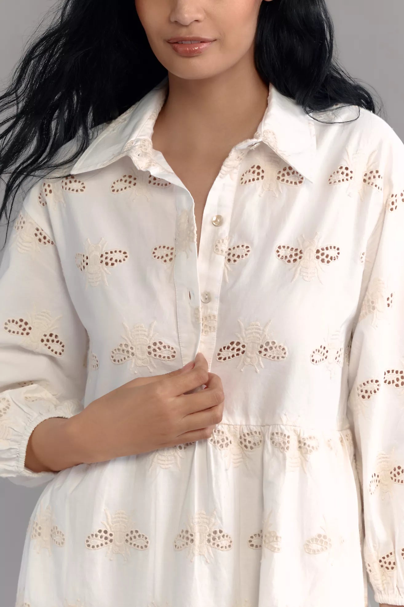 The Bettina Tiered Mini Shirt Dress: Embroidered Bee Edition