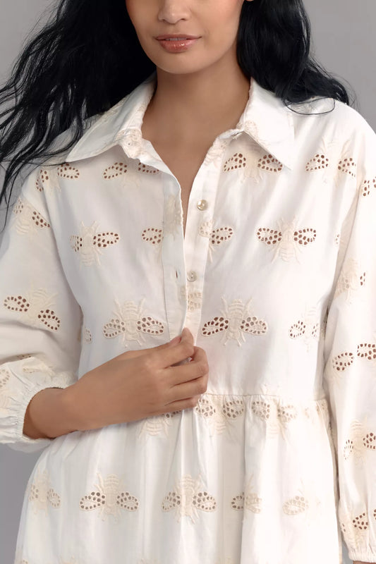 The Bettina Tiered Mini Shirt Dress: Embroidered Bee Edition