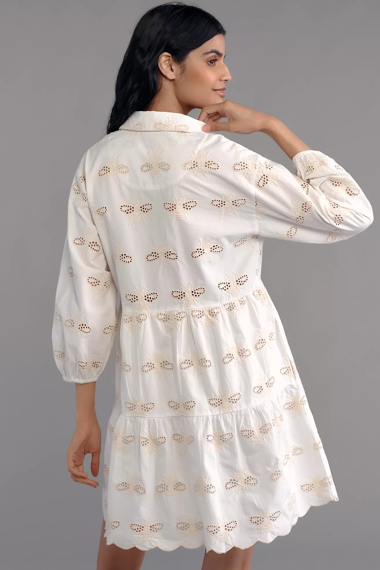 The Bettina Tiered Mini Shirt Dress: Embroidered Bee Edition