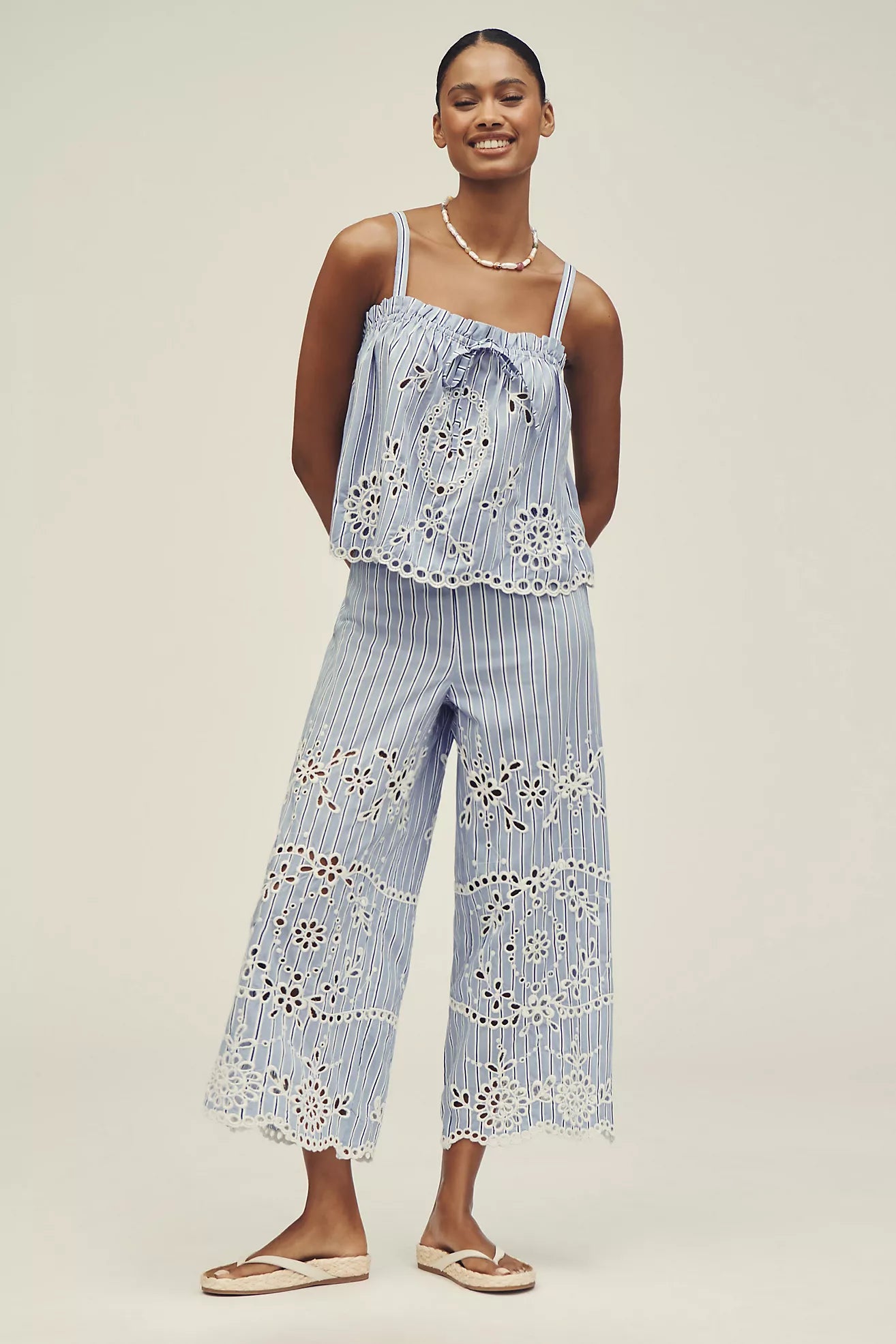 Maeve Eyelet-Stripe Wide-Leg Pants