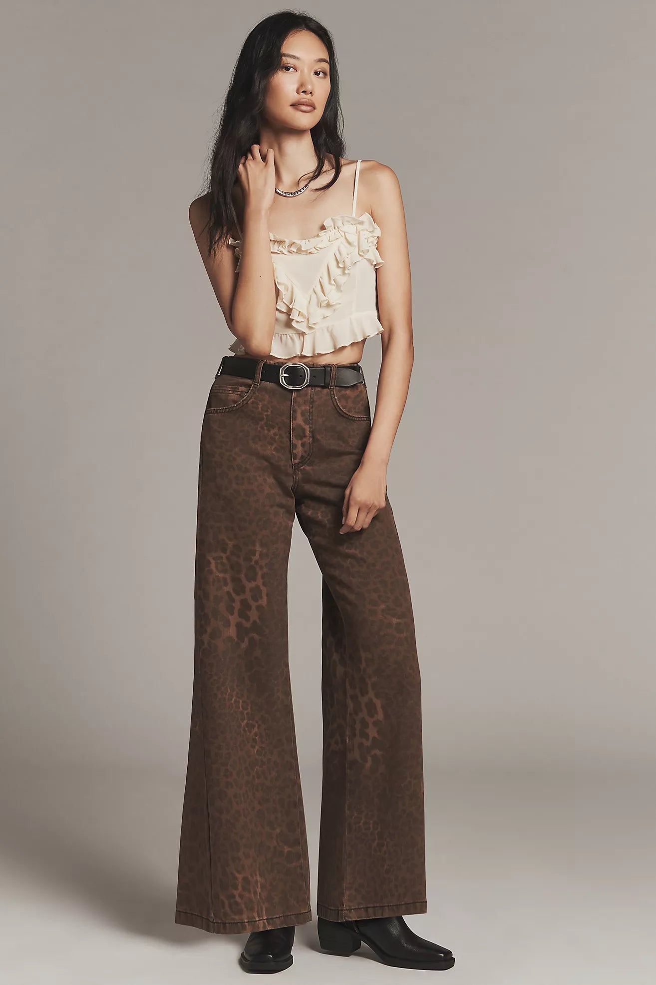 The Adi Leopard Mid Rise Flare Jeans