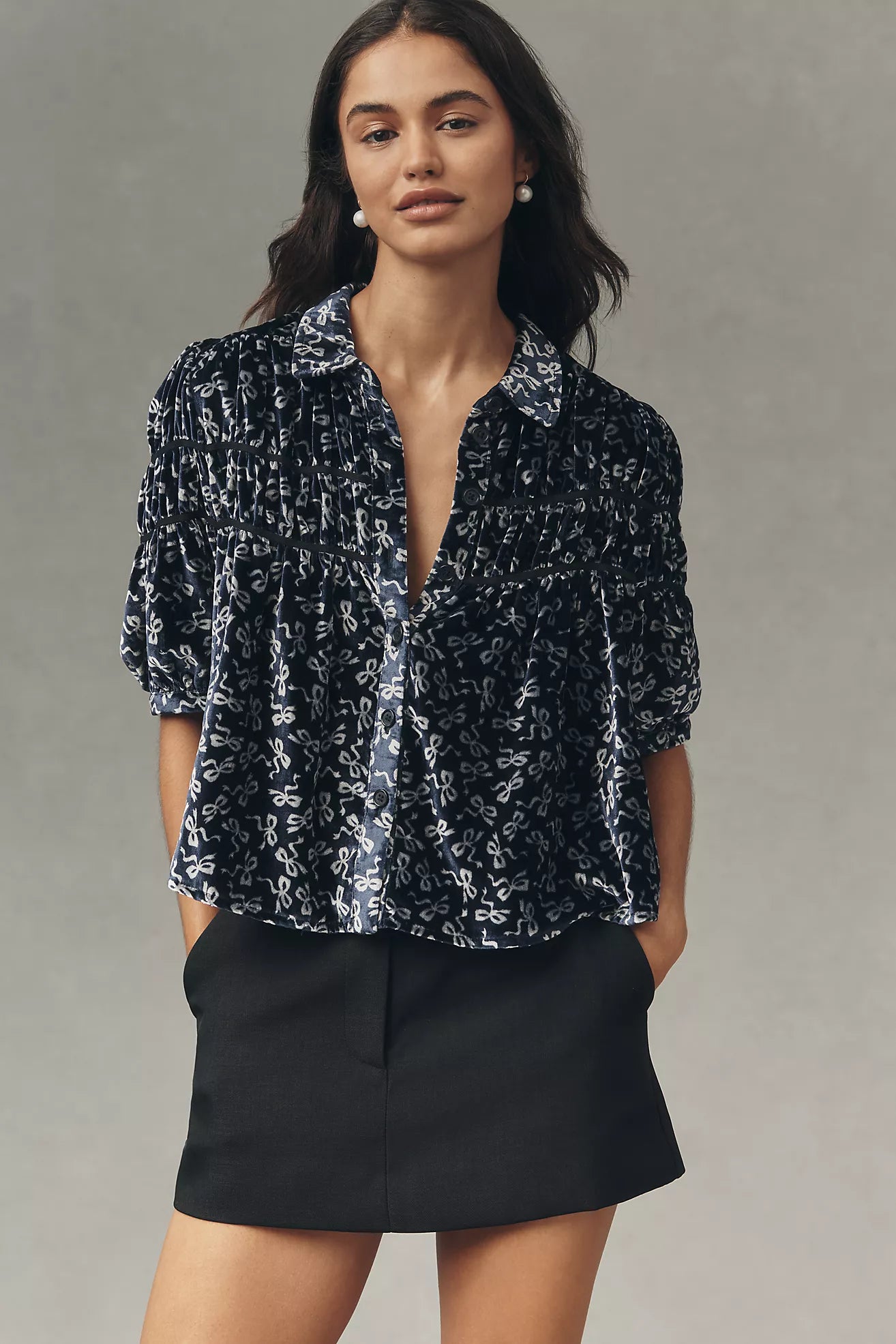 The Leandra Velvet Shirred Yoke Blouse by Maeve