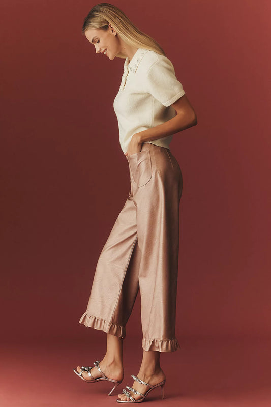 The Colette Crop Metallic Faux-Leather Ruffle-Hem Trousers by Maeve