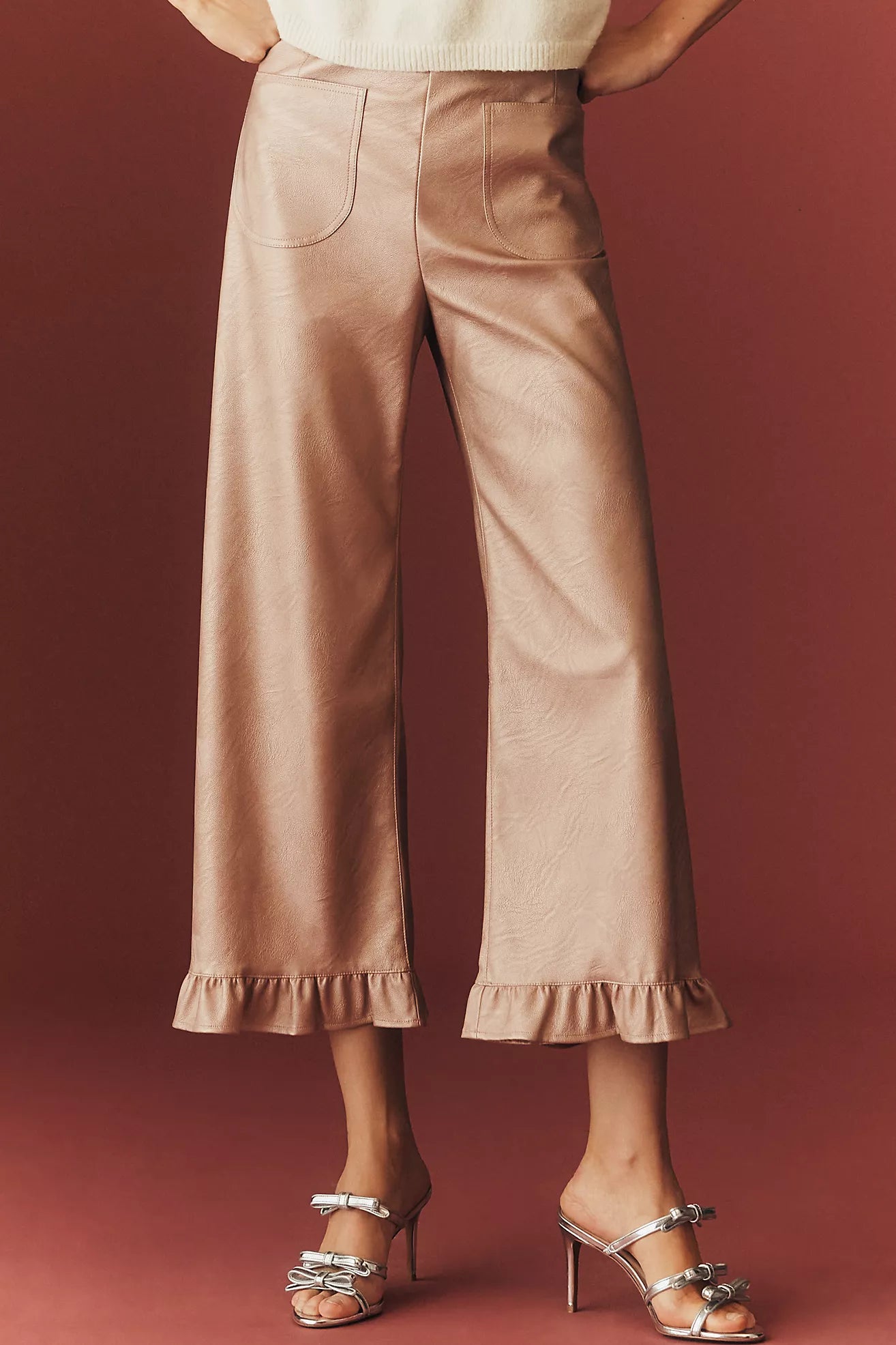 The Colette Crop Metallic Faux-Leather Ruffle-Hem Trousers by Maeve