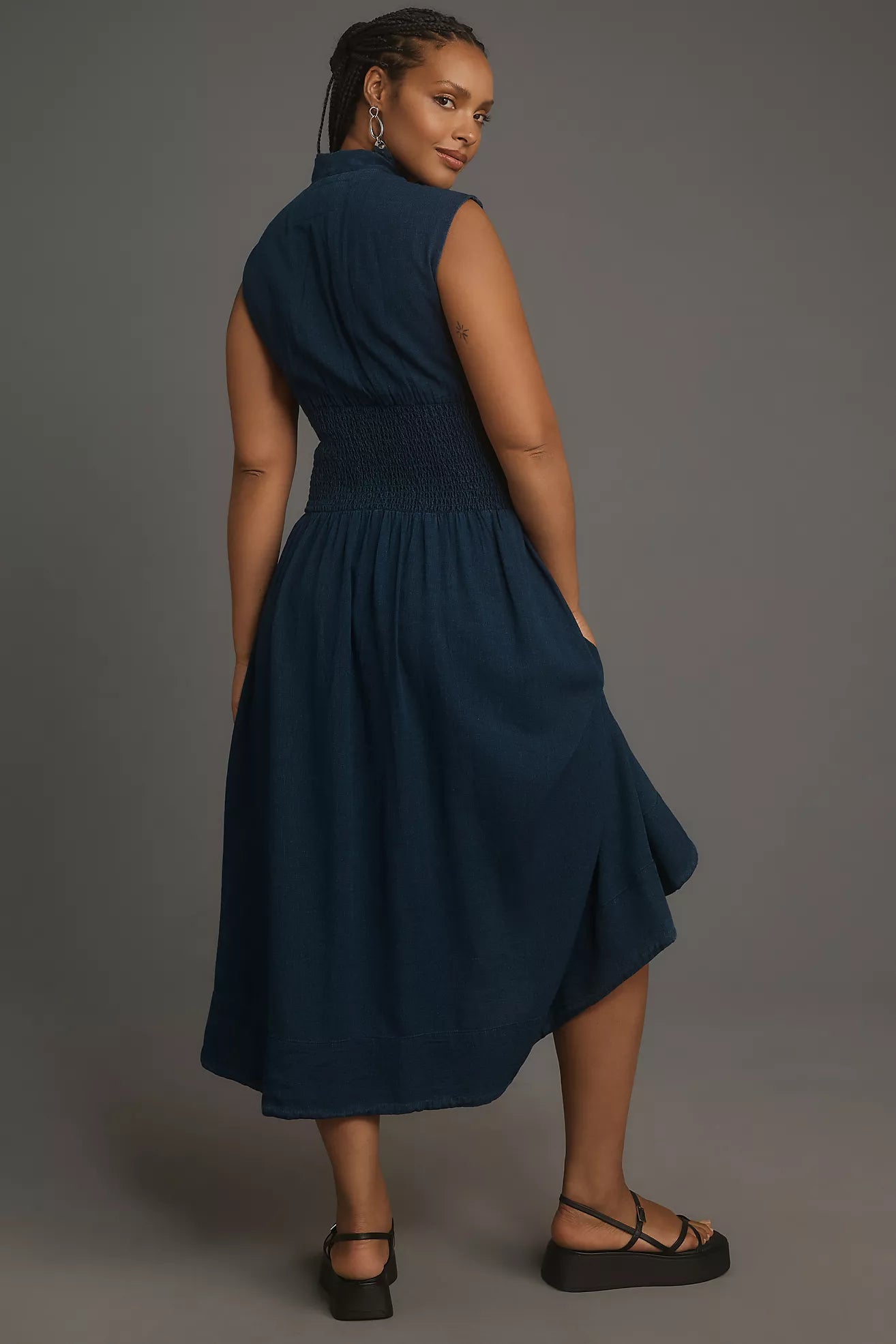 The Tommie Cap-Sleeve Smocked Front-Zip Midi Shirt Dress