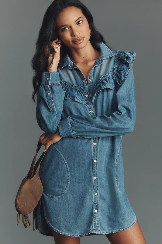 Pilcro Long-Sleeve Ruffled Denim Mini Shirt Dress