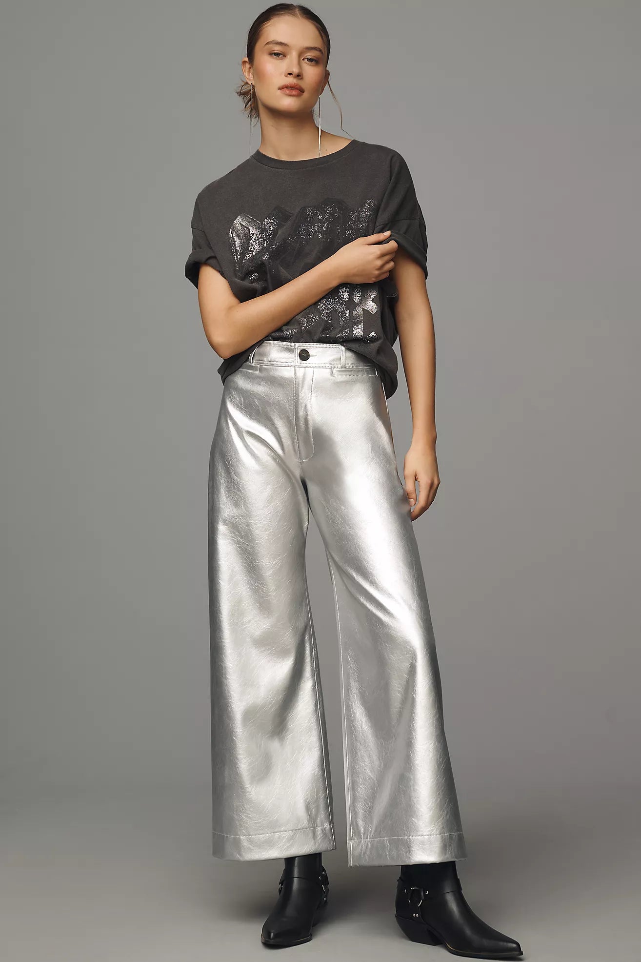 The Ettie High-Rise Crop Wide-Leg Trousers by Maeve: Metallic Faux-Leather Edition
