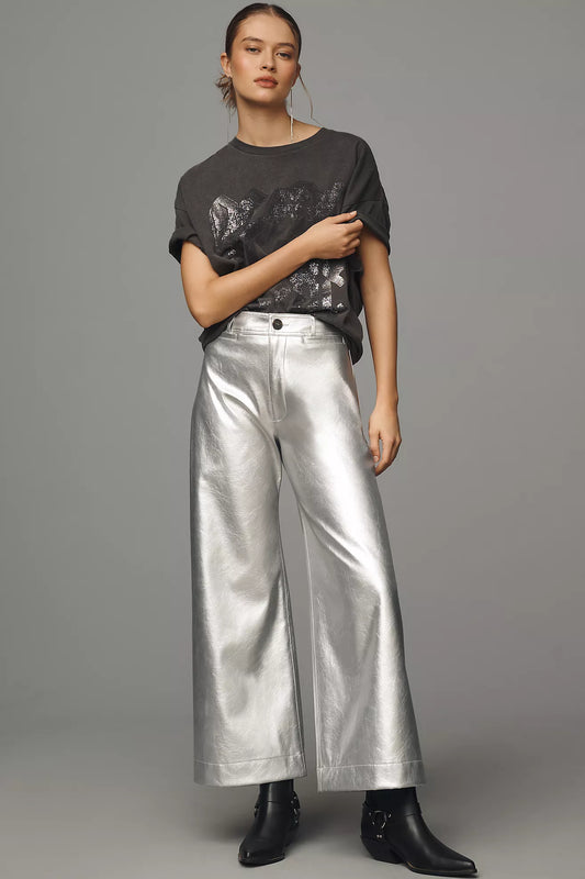 The Ettie High-Rise Crop Wide-Leg Trousers by Maeve: Metallic Faux-Leather Edition