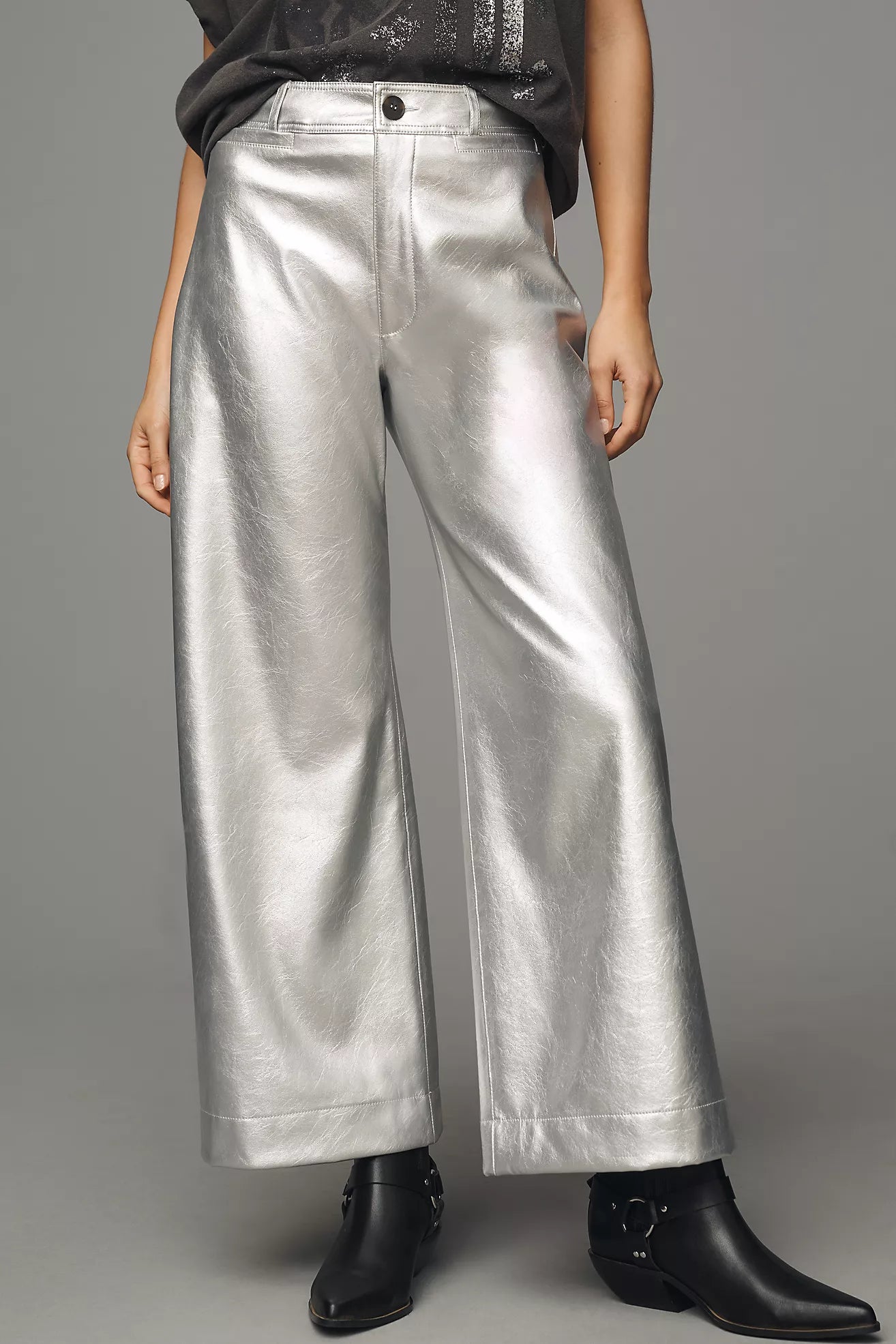 The Ettie High-Rise Crop Wide-Leg Trousers by Maeve: Metallic Faux-Leather Edition