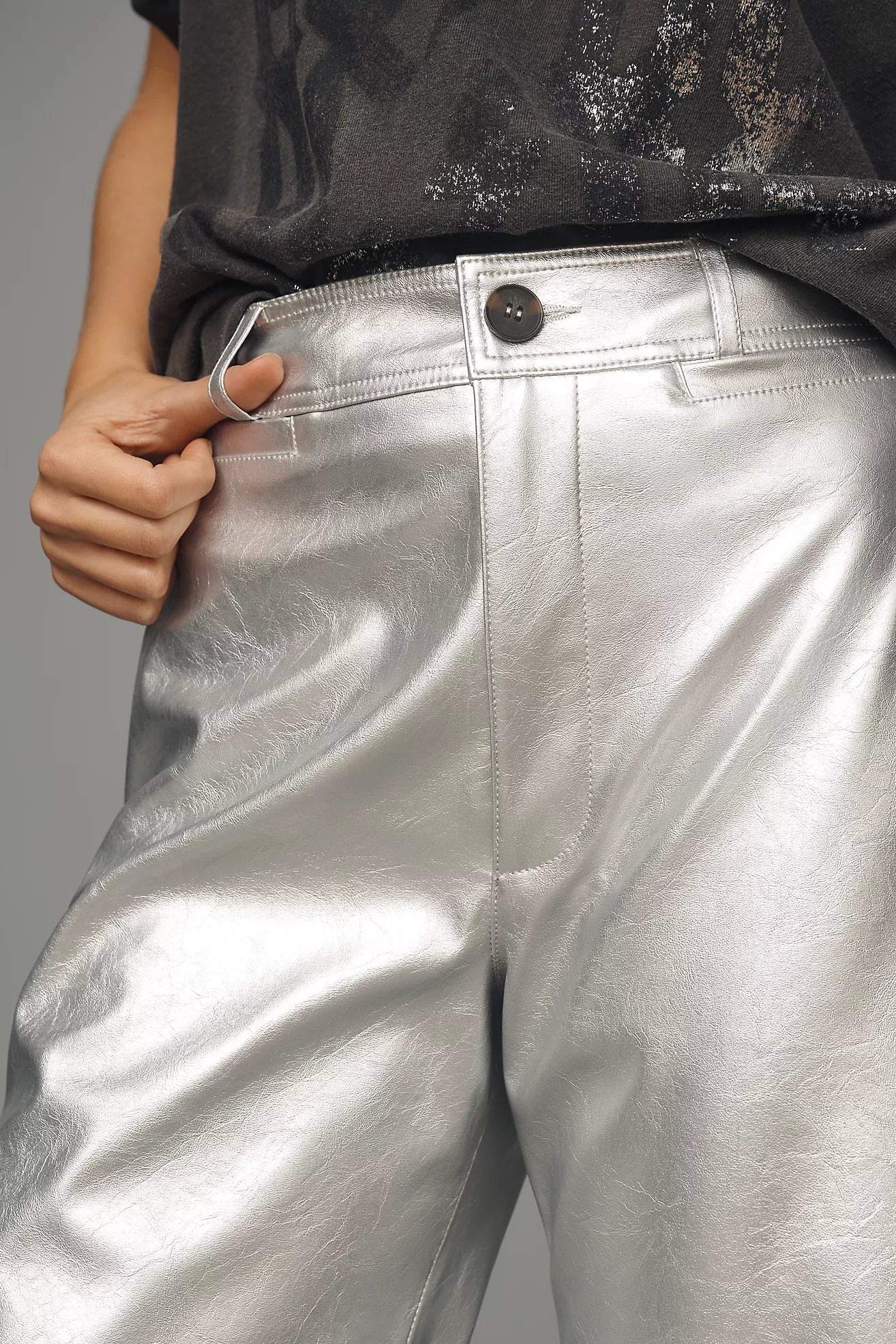 The Ettie High-Rise Crop Wide-Leg Trousers by Maeve: Metallic Faux-Leather Edition