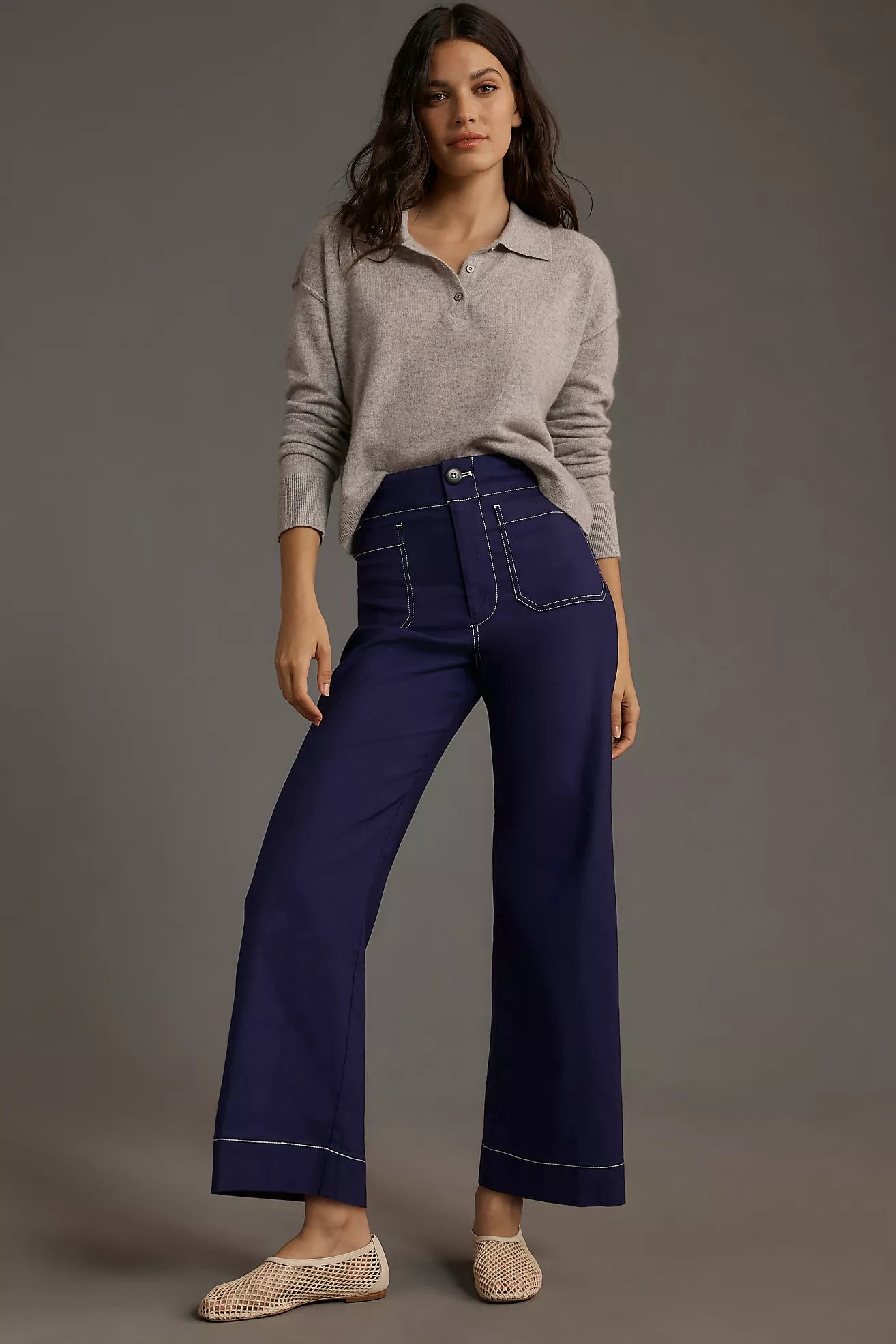 The Colette Cropped Wide-Leg Trousers by Maeve: Contrast-Stitch Edition