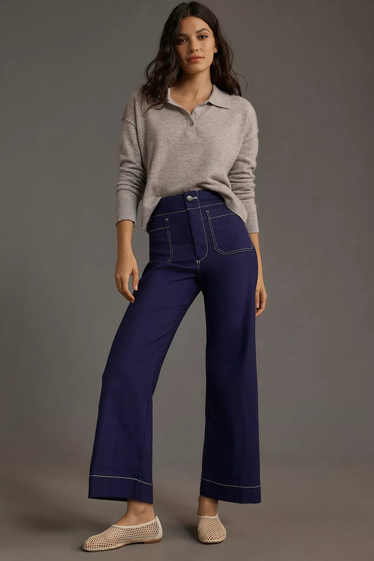 The Colette Cropped Wide-Leg Trousers by Maeve: Contrast-Stitch Edition
