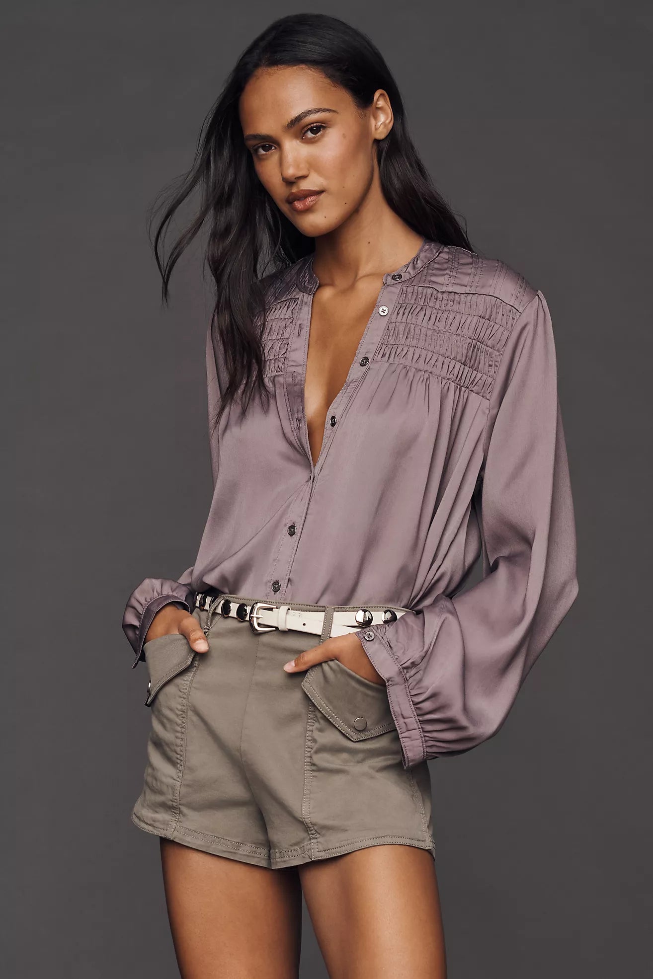 Pilcro Silky Smocked Buttondown Shirt