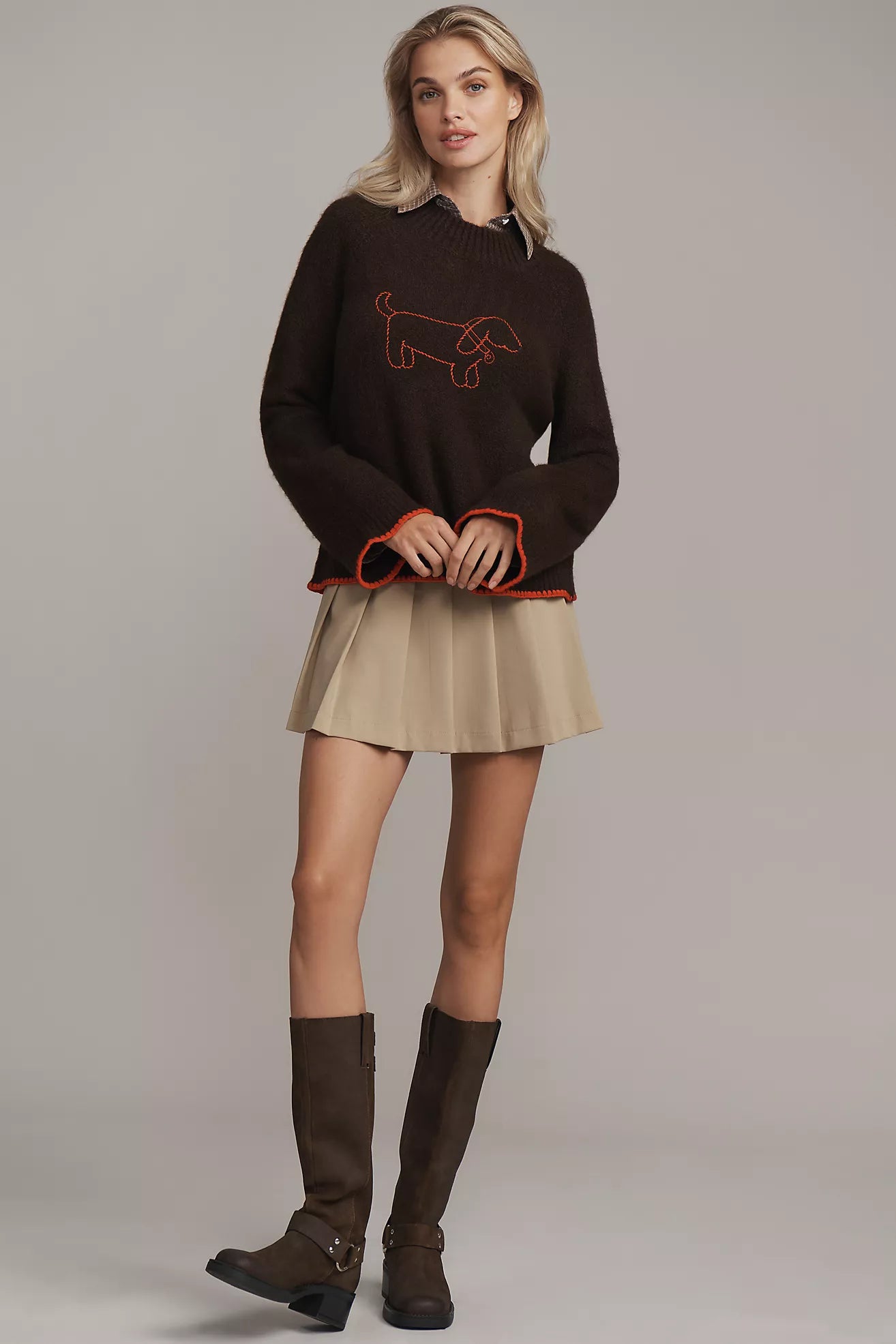 Flat White Mock-Neck Embroidered Dog Icon Sweater