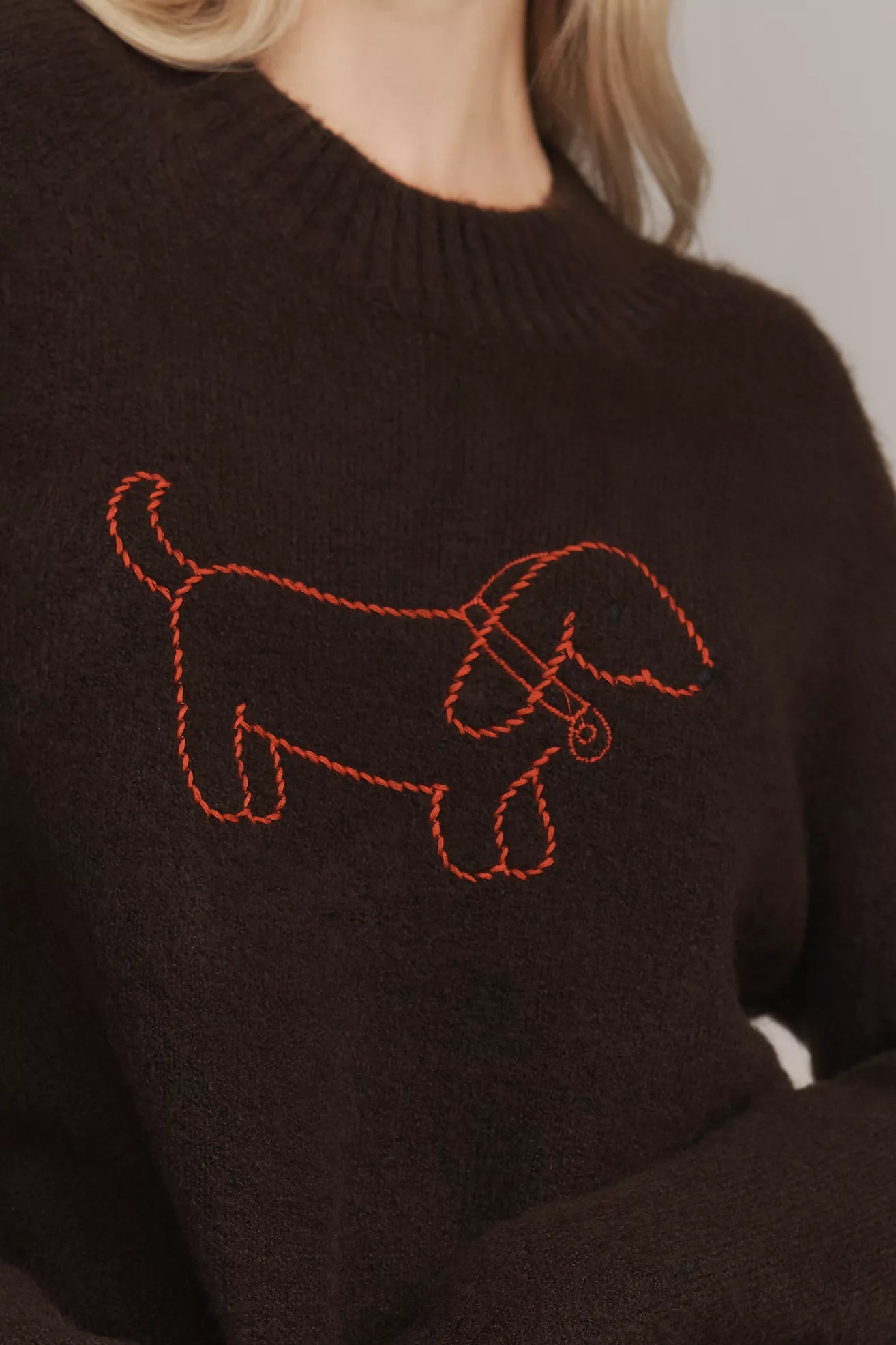 Flat White Mock-Neck Embroidered Dog Icon Sweater