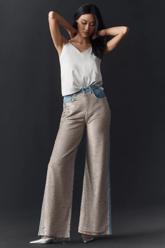 Pilcro Sequin High-Rise Wide-Leg Skater Jeans