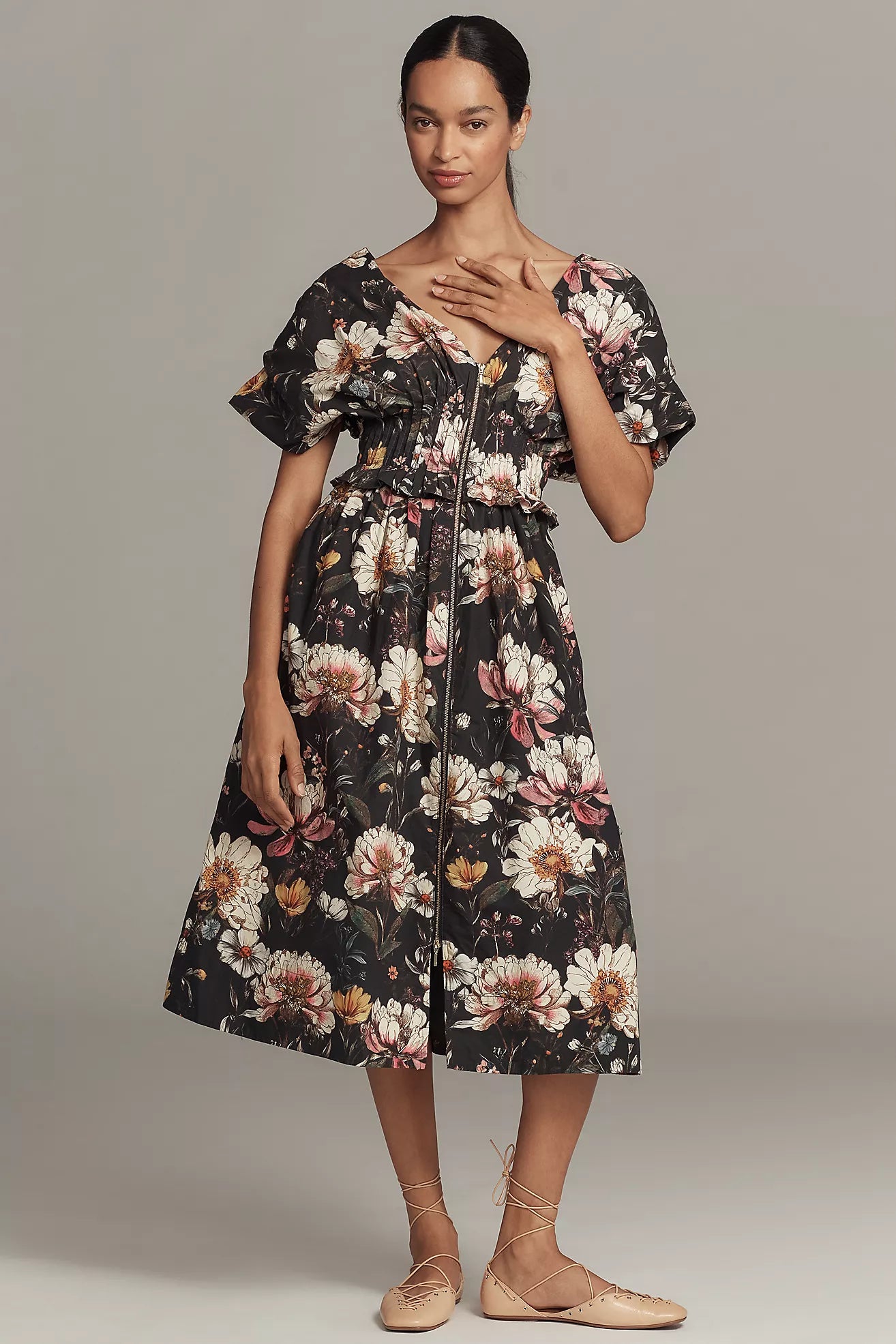 By Anthropologie V-Neck Zip-Front Midi Dress