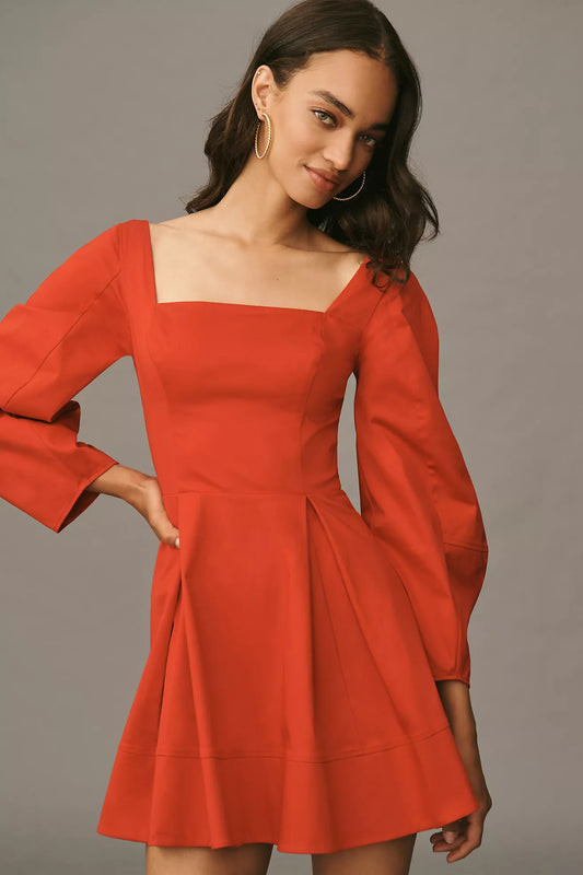 Maeve Long-Sleeve Square-Neck Pleated Mini Dress