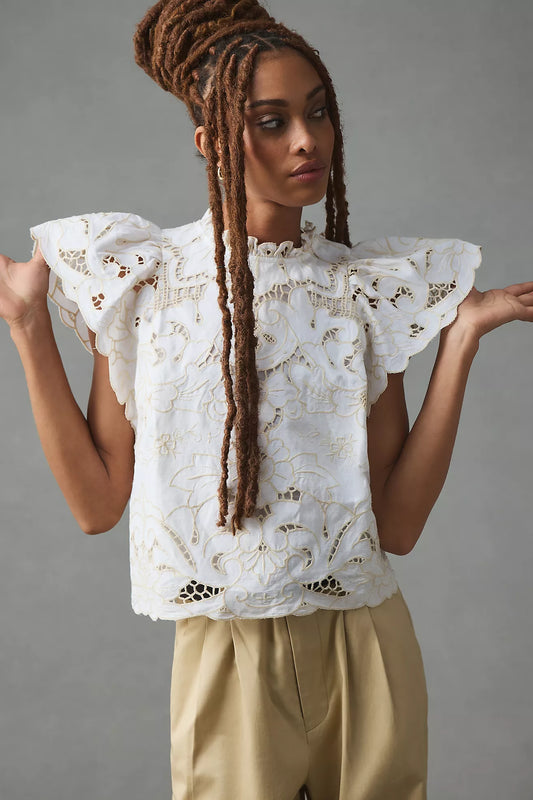 The Lainie High-Neck Lace Cutwork Blouse