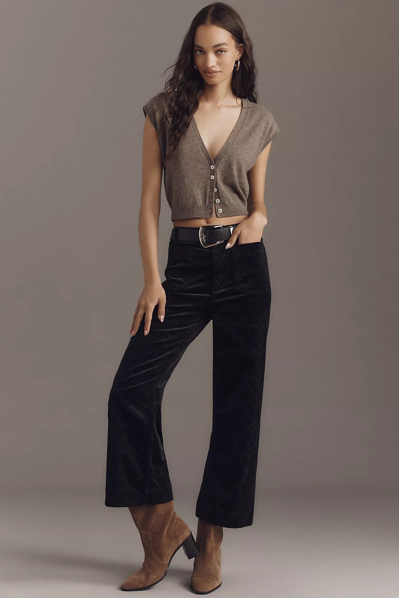 The Colette Crop Corduroy Heart-Print Trousers by Maeve