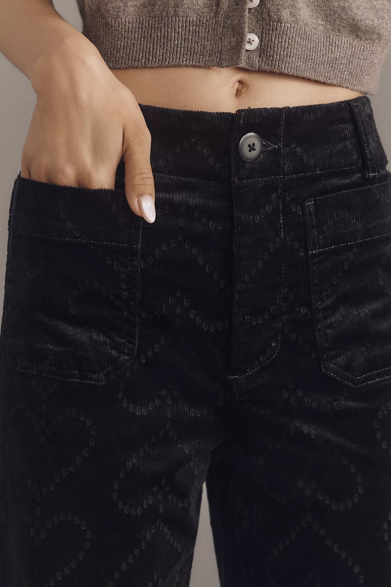 The Colette Crop Corduroy Heart-Print Trousers by Maeve
