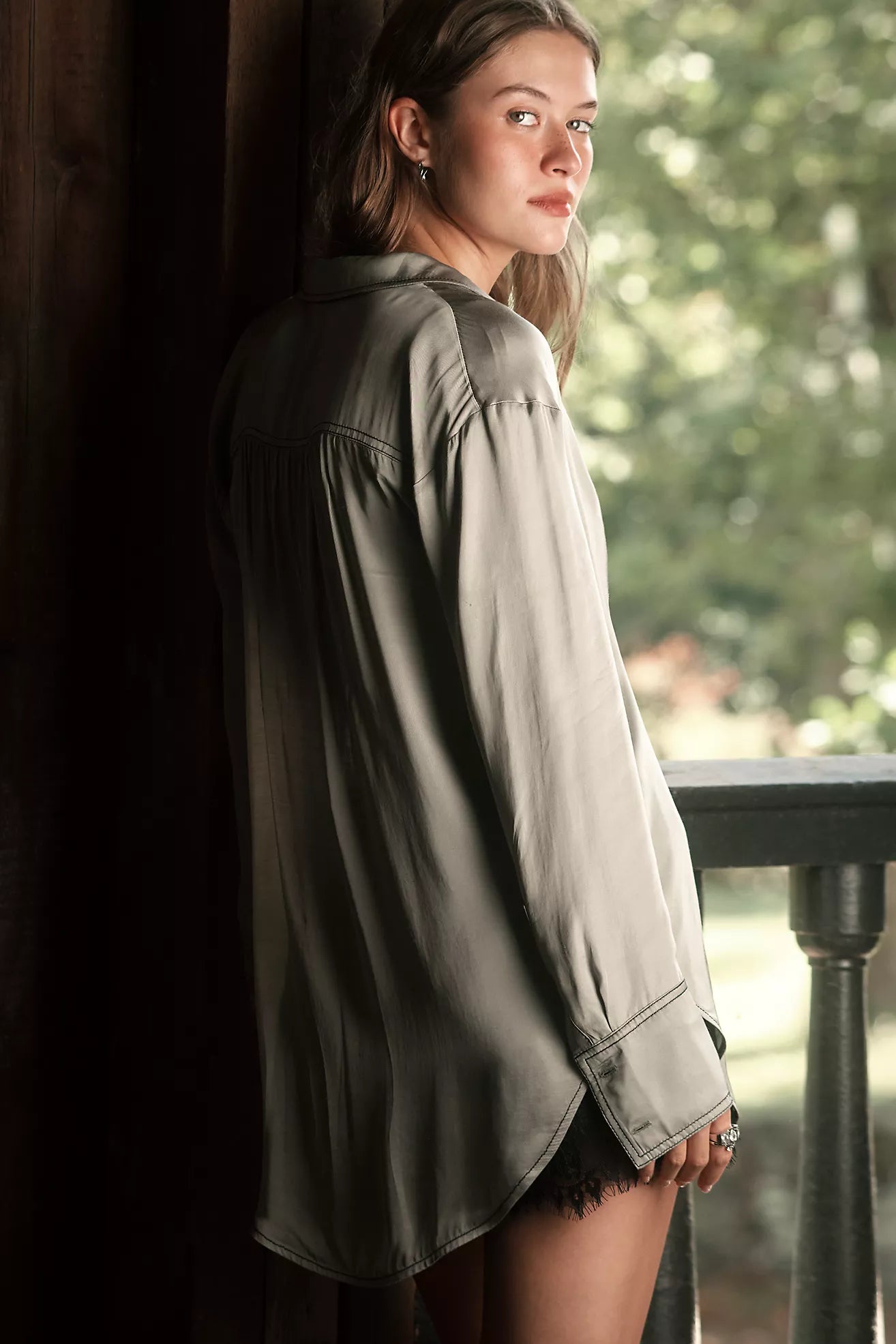 Pilcro Longline Silky Buttondown Shirt