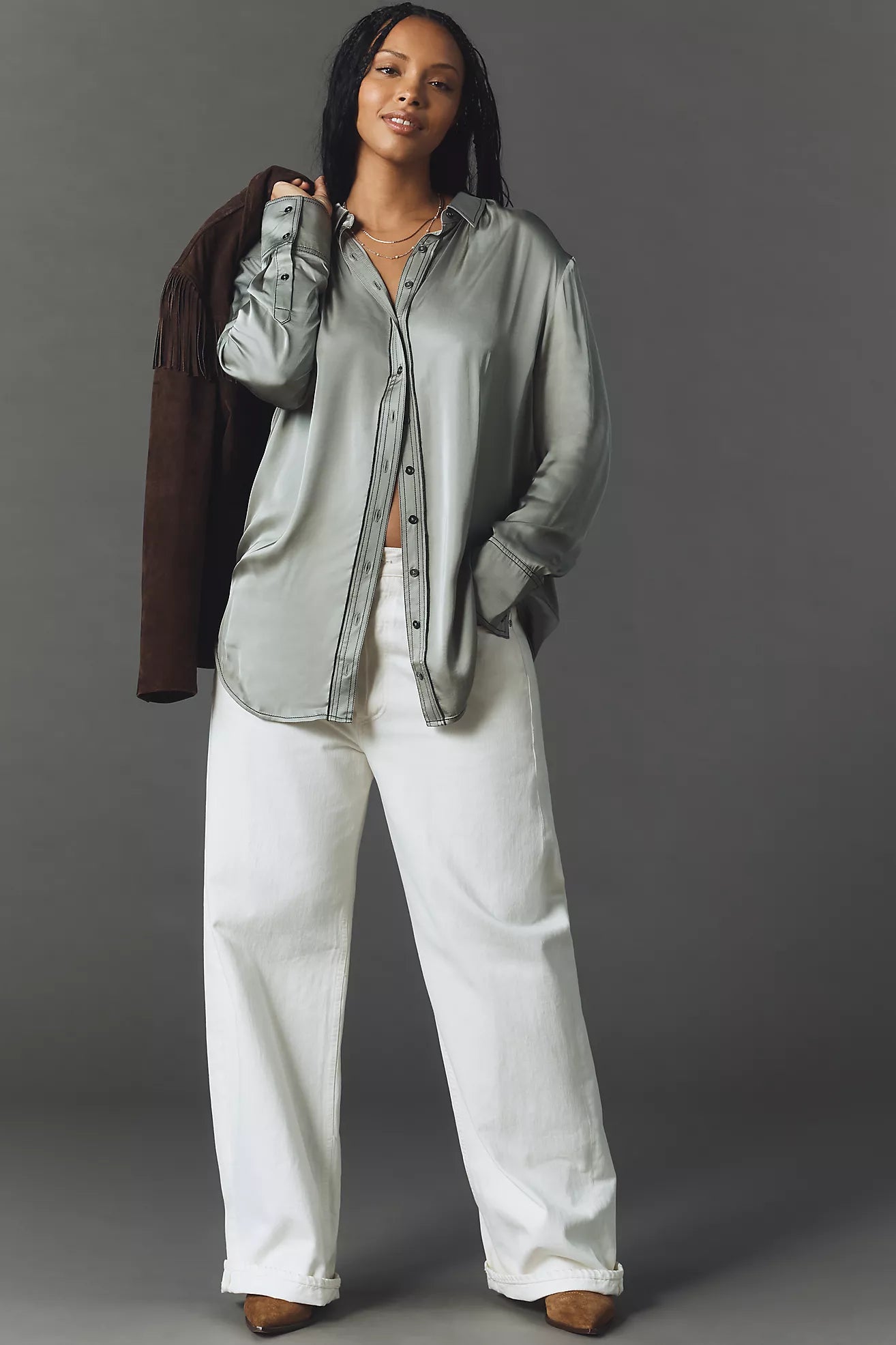 Pilcro Longline Silky Buttondown Shirt