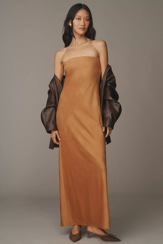 The Fleur Strapless Faux-Suede Maxi Slip Dress