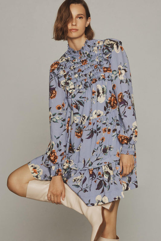 By Anthropologie Long-Sleeve Printed Smocked Mini Dress