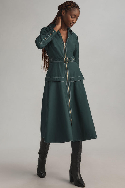 By Anthropologie Long-Sleeve Belted Front-Zip Midi Dress