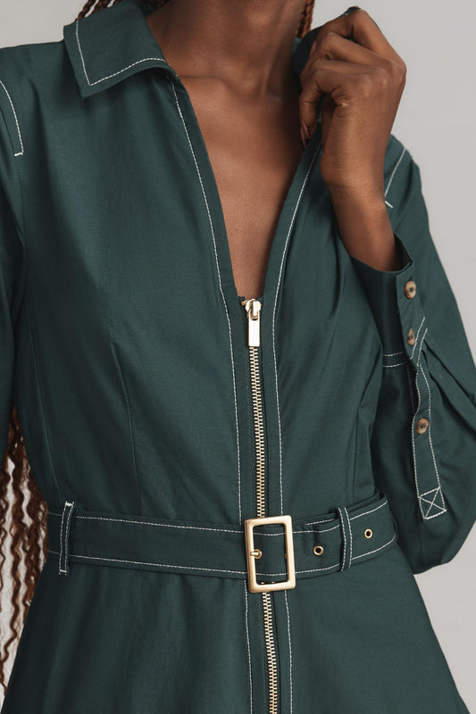 By Anthropologie Long-Sleeve Belted Front-Zip Midi Dress