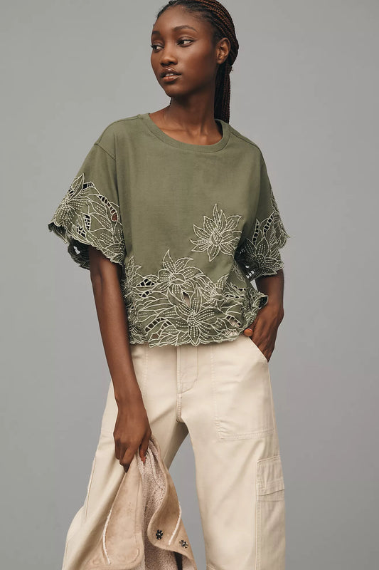 By Anthropologie Boxy Cutwork Tee