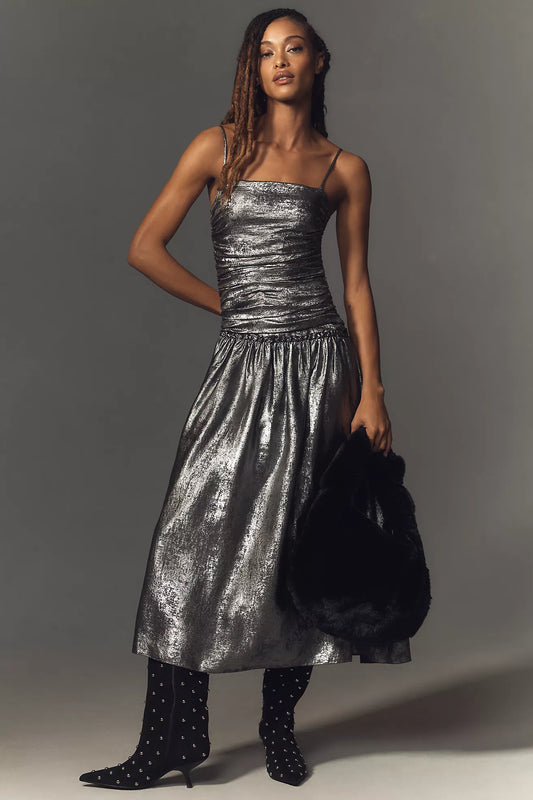 La Maise Studio Ruched Drop Waist Foil Midi Dress