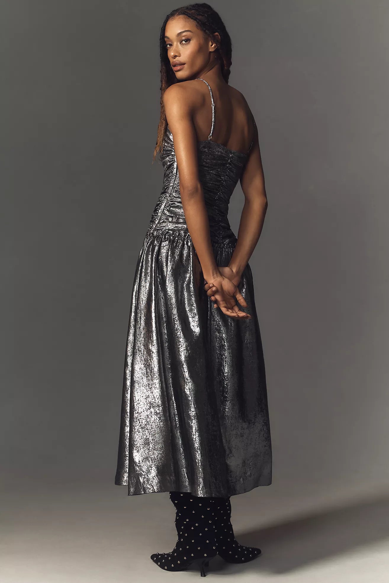 La Maise Studio Ruched Drop Waist Foil Midi Dress