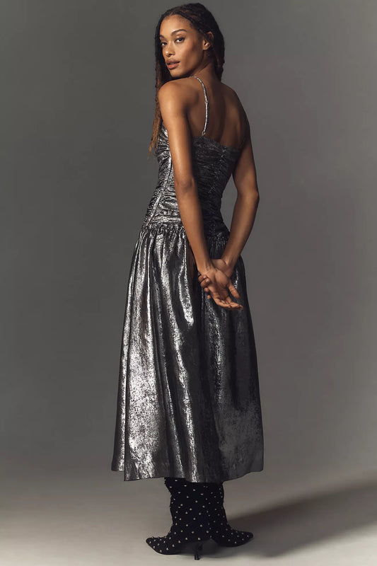 La Maise Studio Ruched Drop Waist Foil Midi Dress