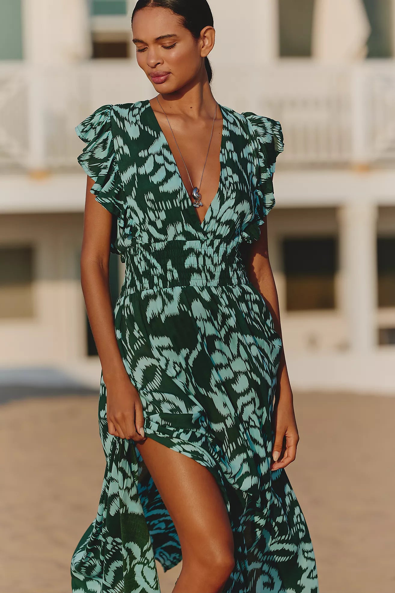 Tiare Hawaii Dahlia Ruffle-Sleeve V-Neck Maxi Dress