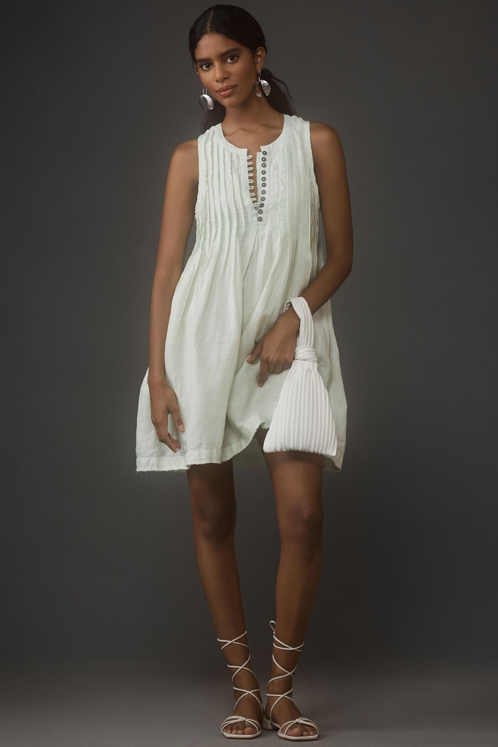 By Anthropologie Linen Sleeveless Pleated Mini Dress