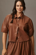 Load image into Gallery viewer, Maeve Lantern-Sleeve Faux Leather Blouse

