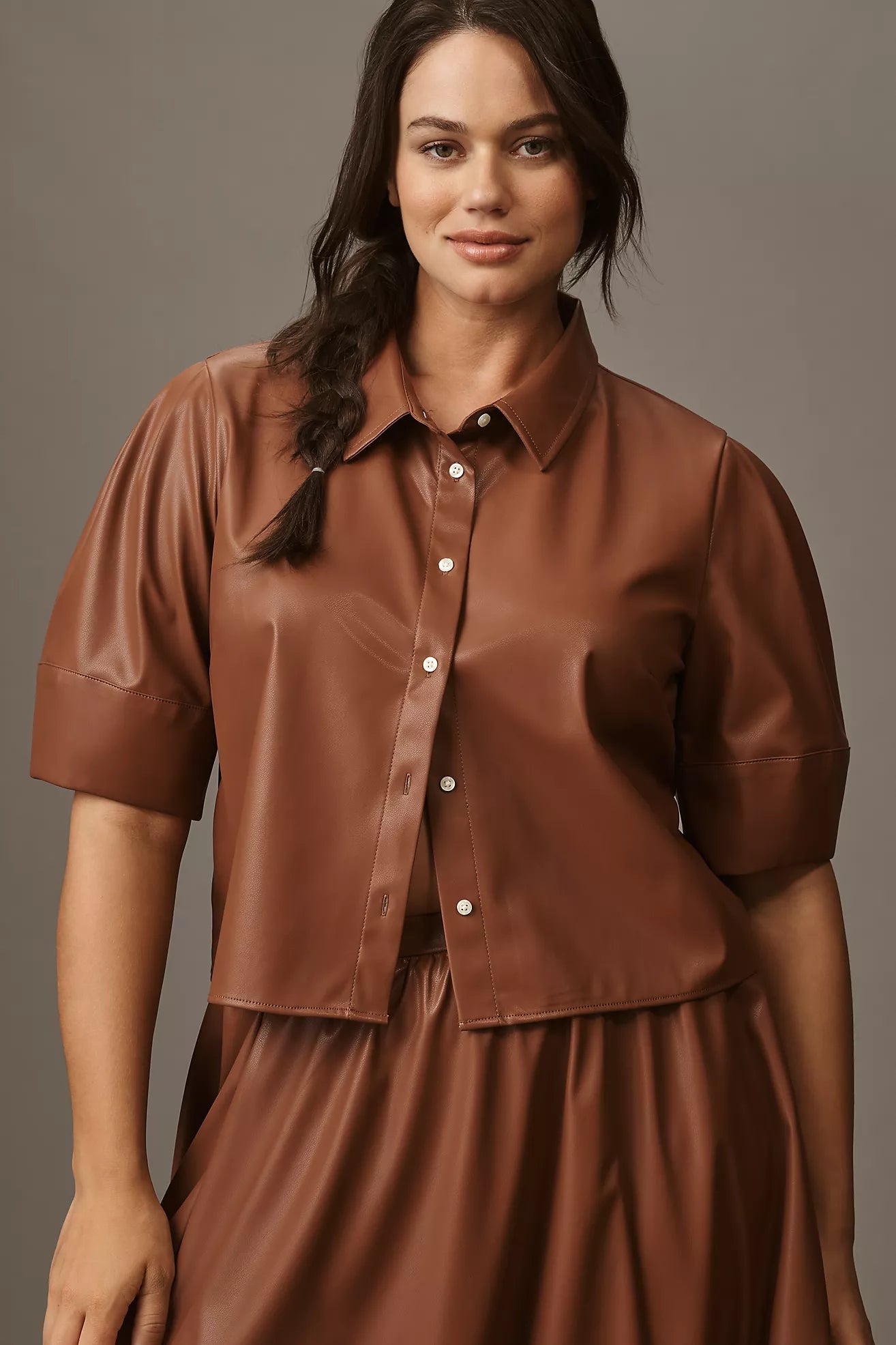 Maeve Lantern-Sleeve Faux Leather Blouse