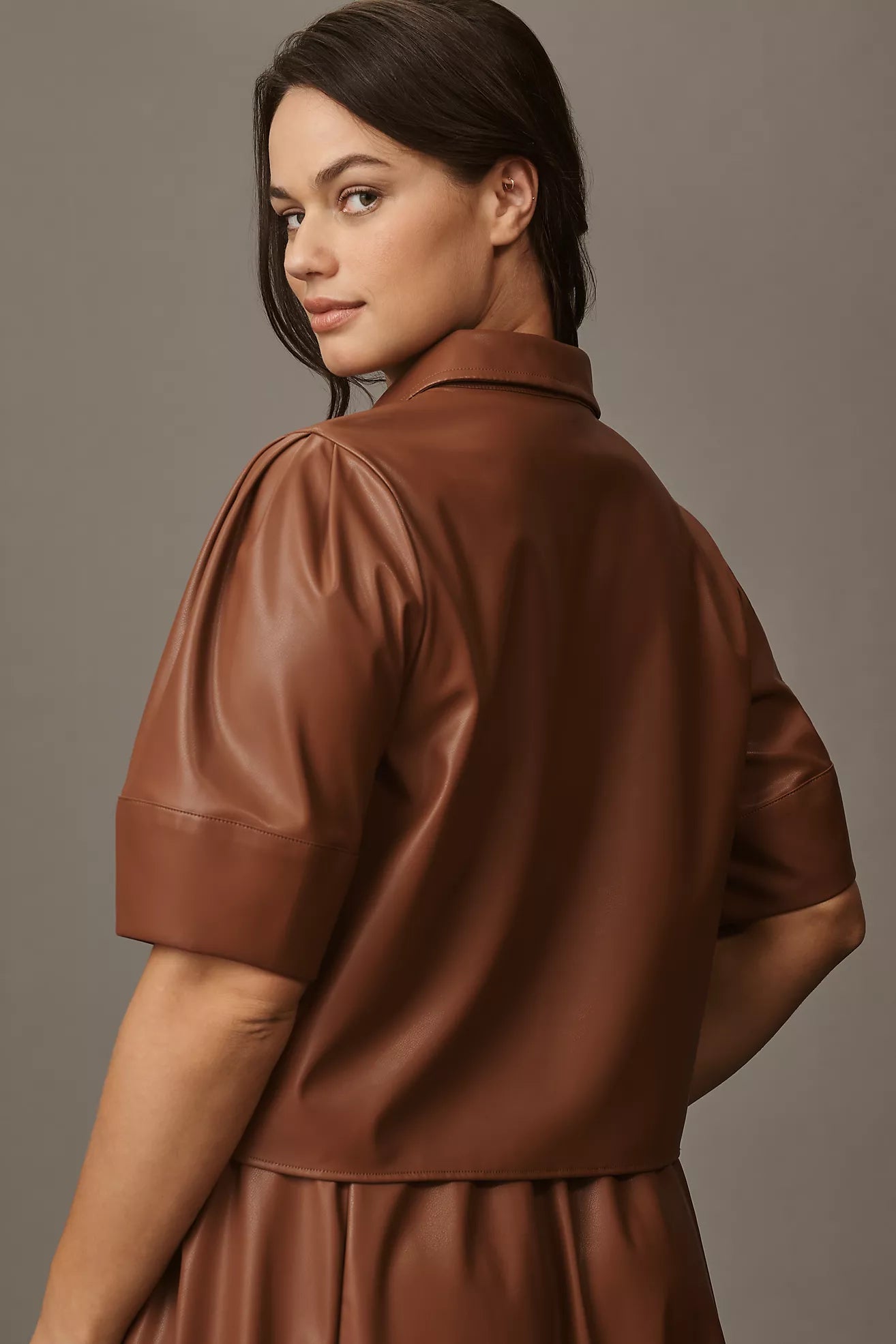 Maeve Lantern-Sleeve Faux Leather Blouse
