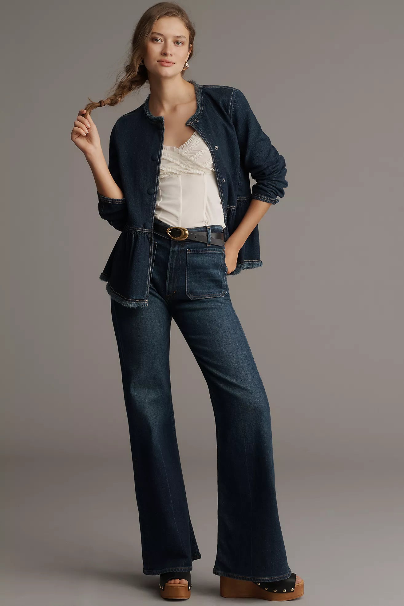 Pilcro Collarless Peplum Denim Jacket
