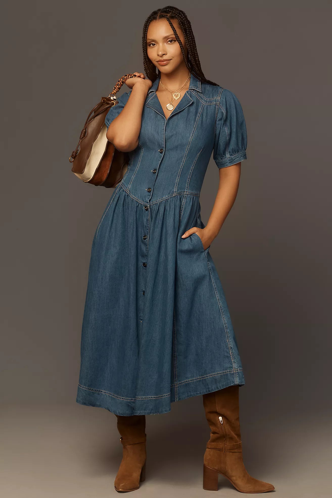 Pilcro Short-Sleeve Denim Midi Shirt Dress