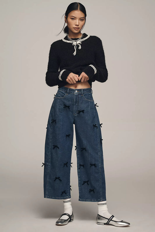 The Kenna High-Rise Heritage Tapered Barrel Jeans by Pilcro: Bow Edition