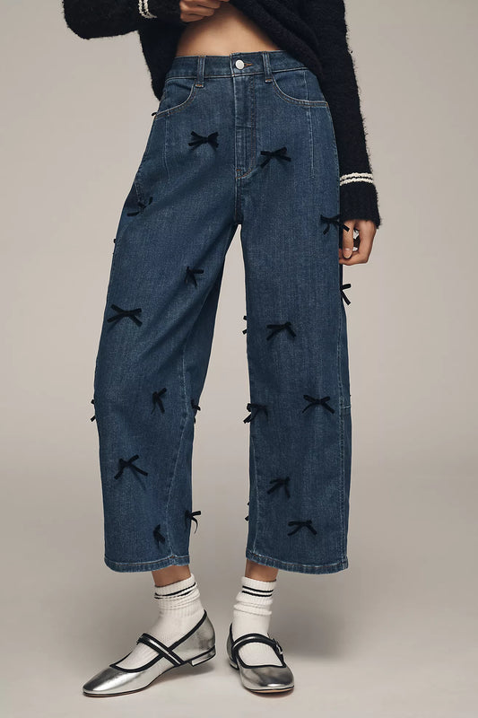 The Kenna High-Rise Heritage Tapered Barrel Jeans by Pilcro: Bow Edition