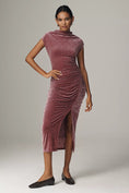 Load image into Gallery viewer, The Maya Ruched Cowl-Neck Dress: Mesh Edition: Velvet Edition
